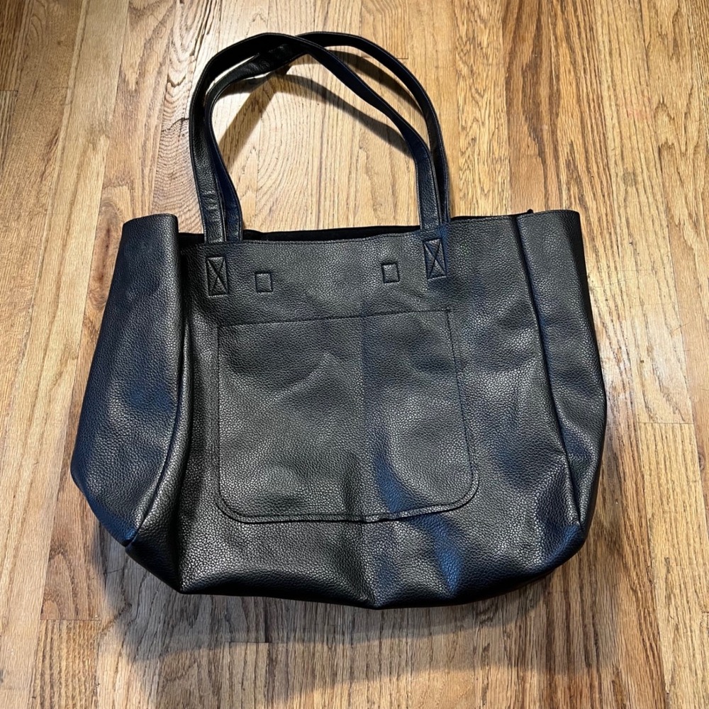 Black Pebbled Faux Leather Tote Bag Large Shoulder Carryall with Exterior Pocket